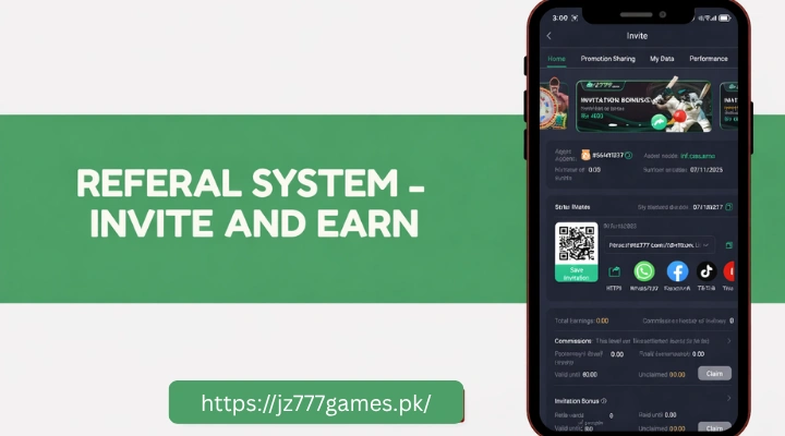 Referral system promotion graphic with “Invite and Earn” text and a smartphone showing the JZ777 app interface.